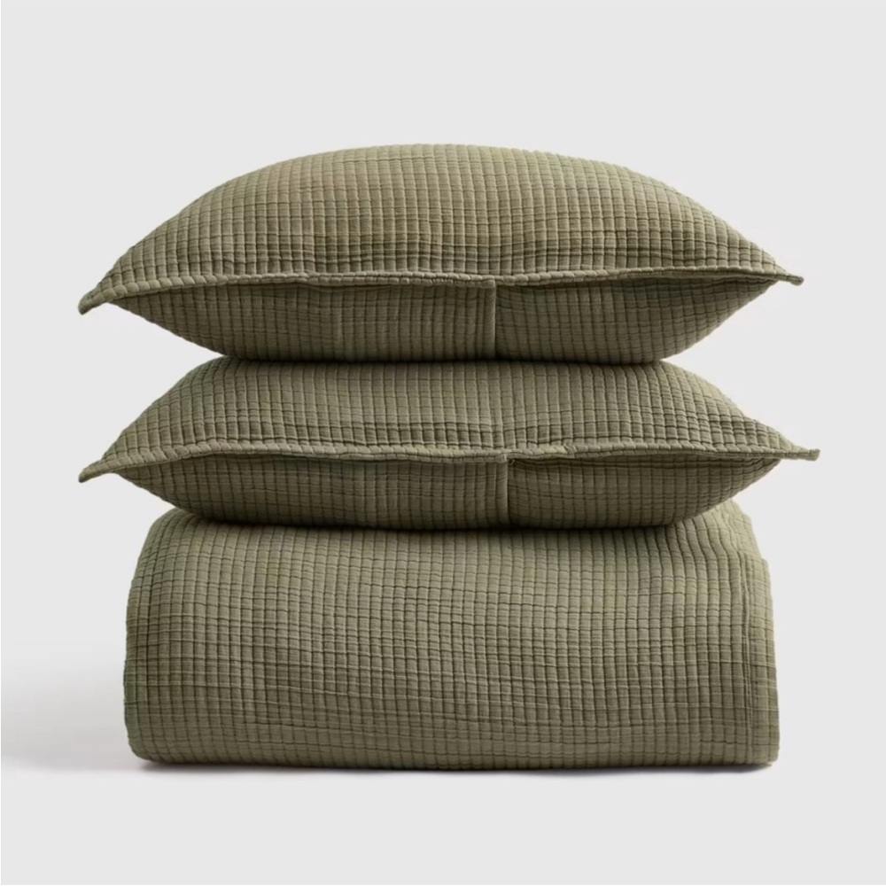 NWT QUINCE Organic Ribbed Cotton Coverlet Set King/Cal King Olive 4144